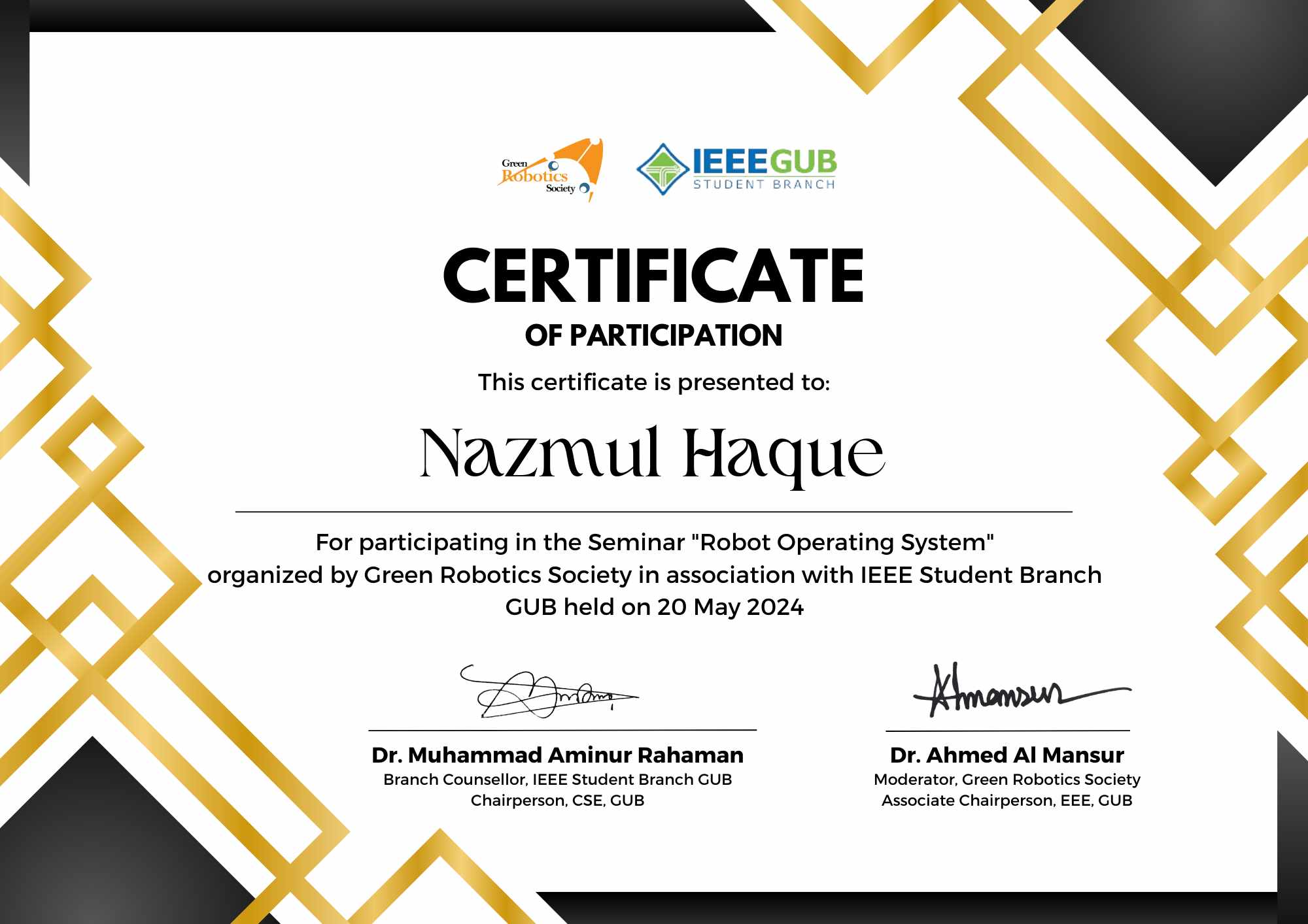 Robotics Seminar Certificate